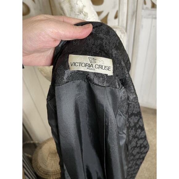 Vintage Black Jacquard Coat Jacket Faux Fur Trim Y2K Goth Whimsigoth Small - Picture 6 of 10